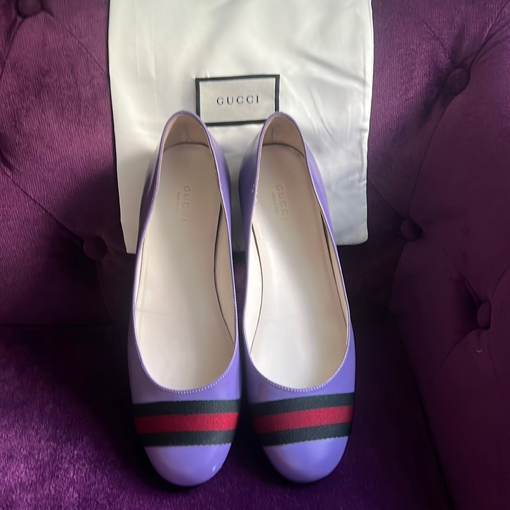 GUCCI SIZE 39 PURPLE BALLET FLATS W/ ICONIC RED &GREEN STRIPE GOOD CONDITION🇮🇹